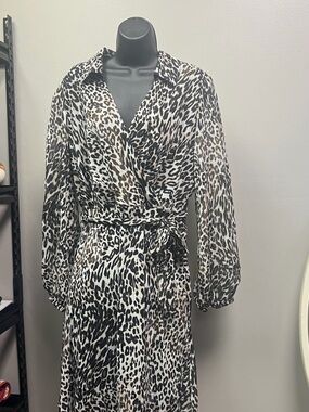 DKNY Black and White Leopard Print Long Sleeve Wrap Dress
